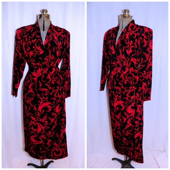 VTG 80's Carlisle Fleur di Lis Silk Maxi Set XS/S - Picture 8 of 8